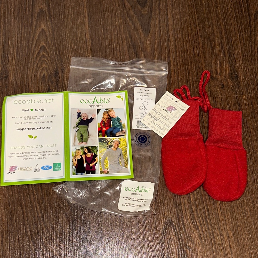 EcoAble 100% organic merino wool thumbless red baby Kids Mittens - NWT